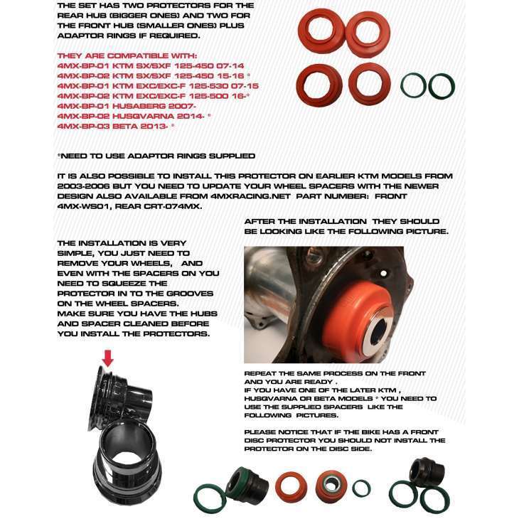 Kit Protector Rolamentos Roda 4MX KTM EXC/EXC-F 07-15, SX/SX-F 07-14, HUSABERG 09-13 (várias cores)